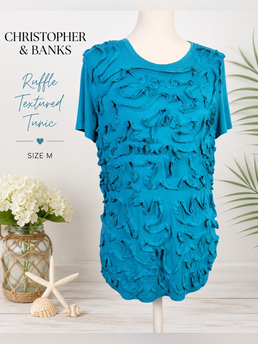 Christopher & Banks Aqua Ruffle Textured Tunic Top Size M Boho Chic